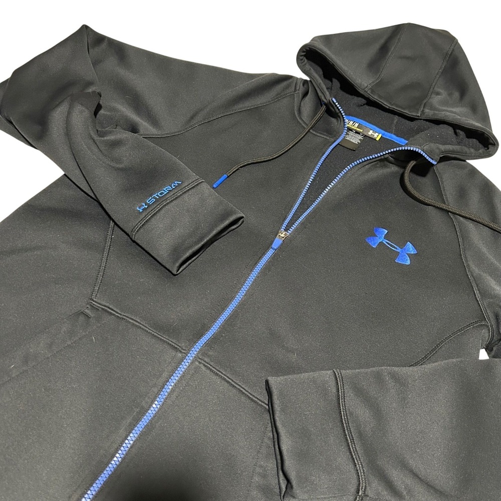 Under Armour Storm Hoodie Mens Medium Tall Black Blue Full Zip Fleece Jacket